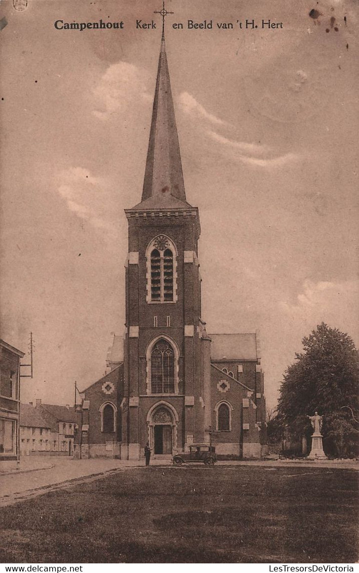 CPA campenhout - kerk - voiture ancienne - animé -