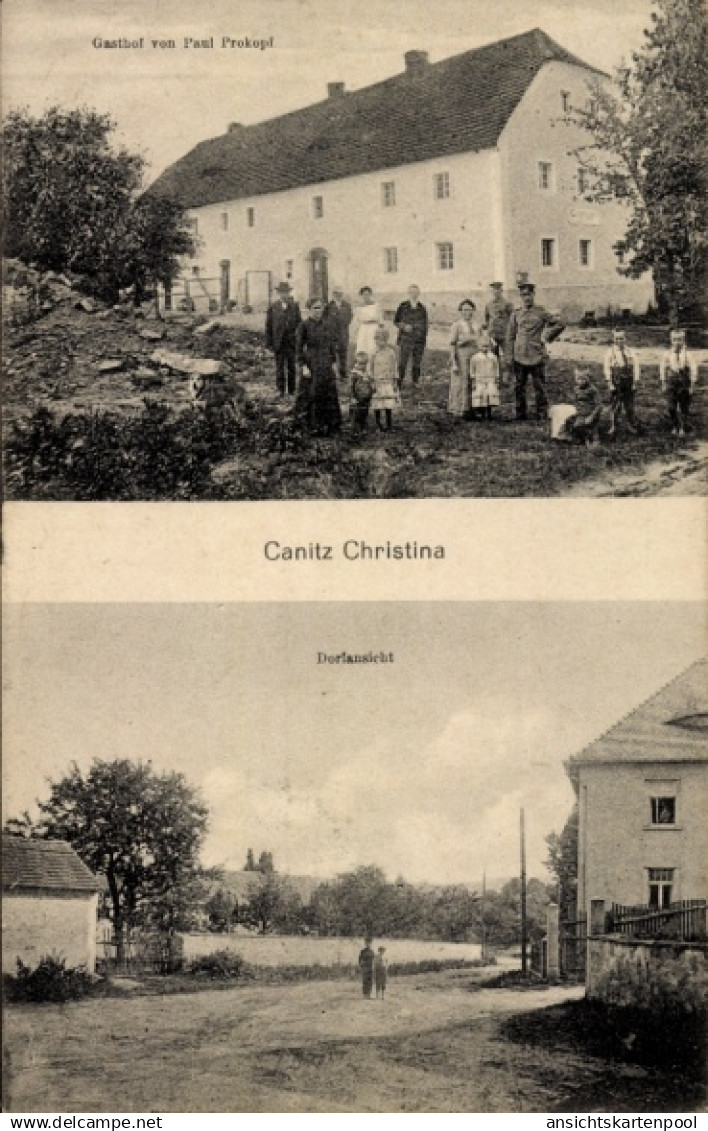 CPA Canitz Christina Kubschütz, Gasthof von Paul Prokopf, Dorfansicht