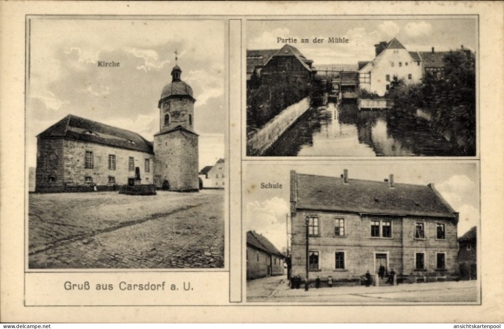 CPA Carsdorf Karsdorf an der Unstrut, Kirche, Partie an der Mühle, Schule