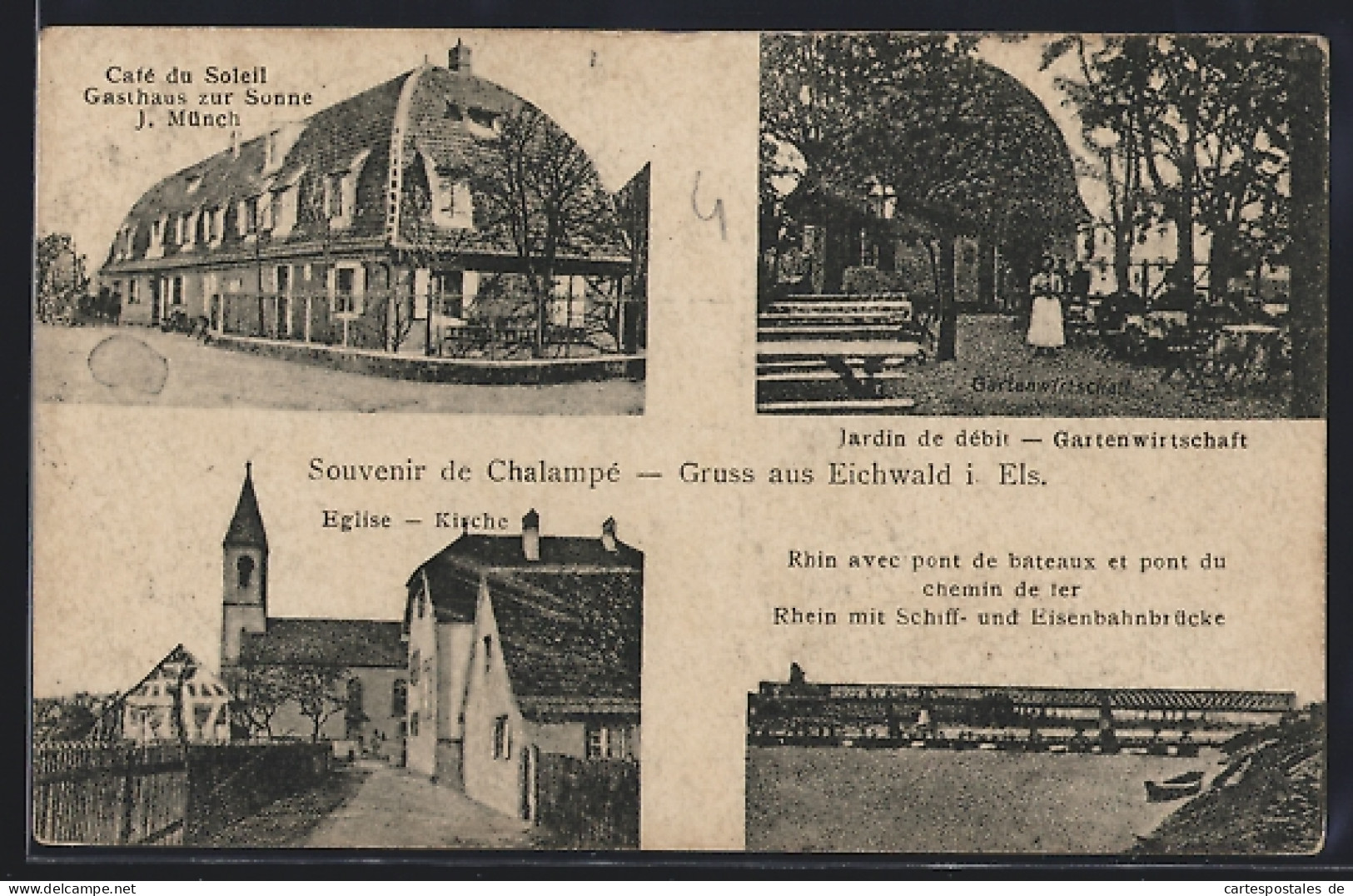 CPA Chalampé, Café du Soleil, Propr. J. Münch, Eglise