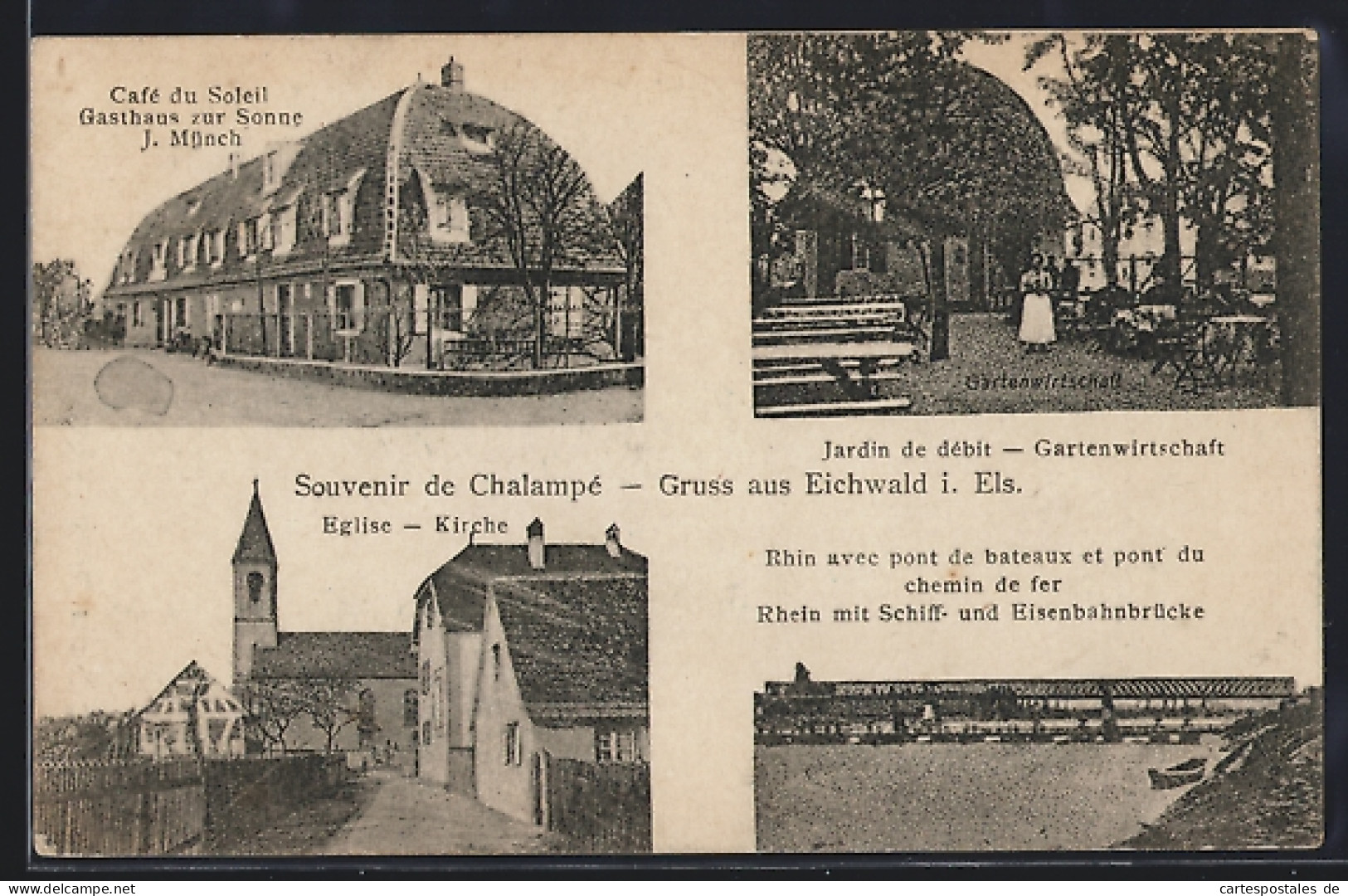 CPA Chalampé, Café du Soleil, Propr. J. Münch, Eglise