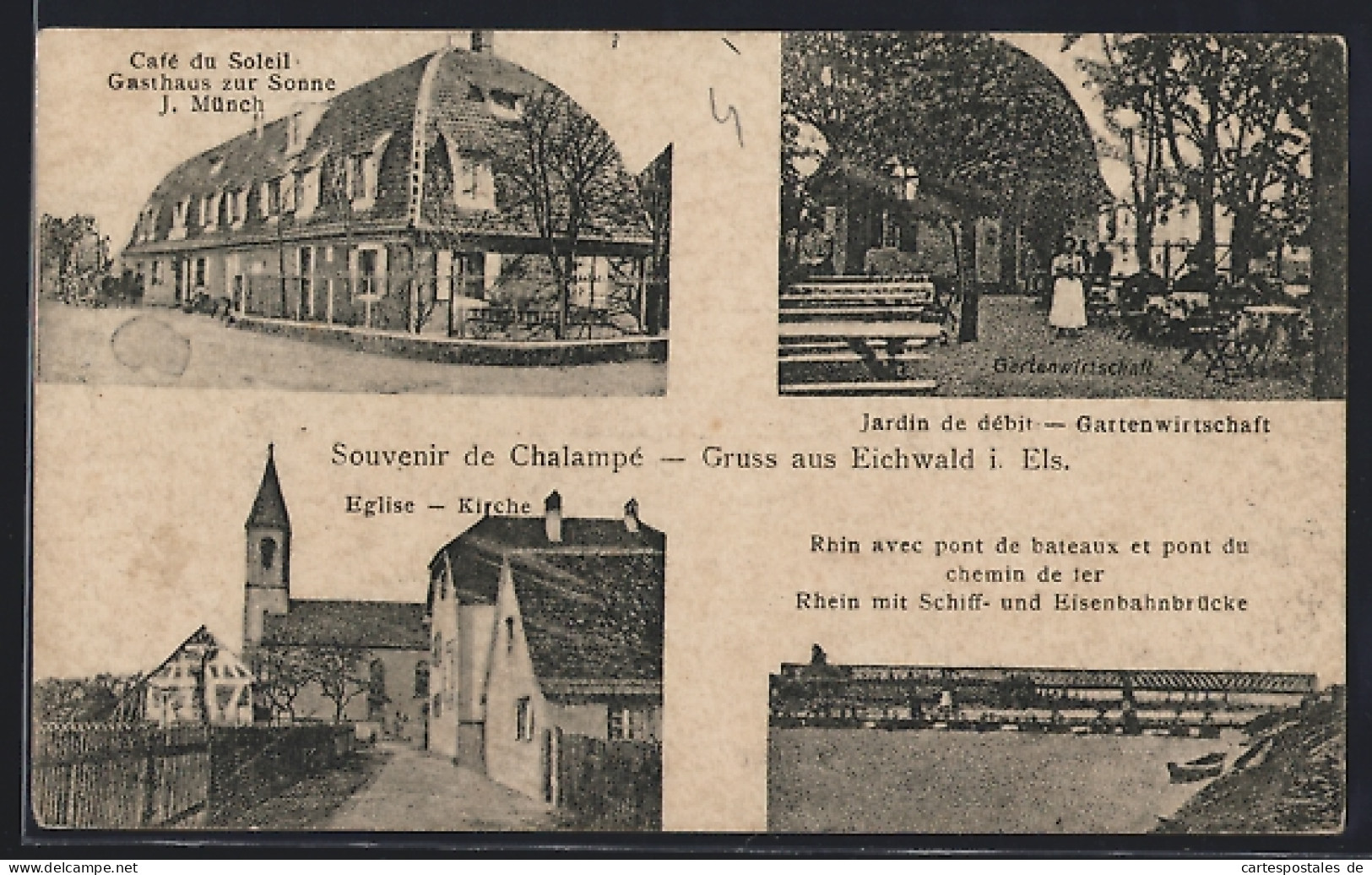 CPA Chalampé, Souvenir de Chalampé avec église, Café du Soleil, Propr. J. Münch, Eglise