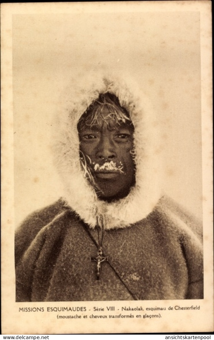 CPA Chesterfield Inlet Nunavut, Nakaolak, Missions Esquimaudes, Eskimo mit Kreuzkette, vereister Bart