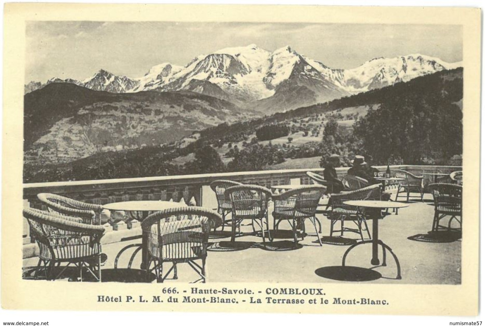 CPA COMBLOUX - H^tel P.L.M. du Mont Blanc - La Terrasse et le Mont Blanc - Ed. L. Morand , Megève n°666