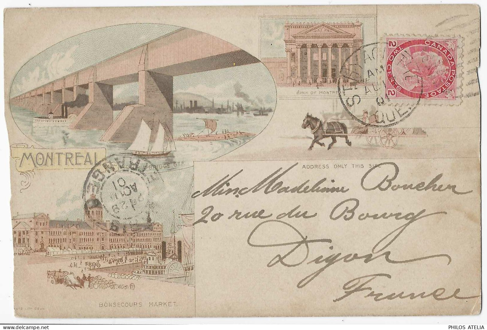 CPA CP Carte postale ancienne Canada Québec Montréal Bonsecours market Bridge Bank CAD St Hyacinthe 1901