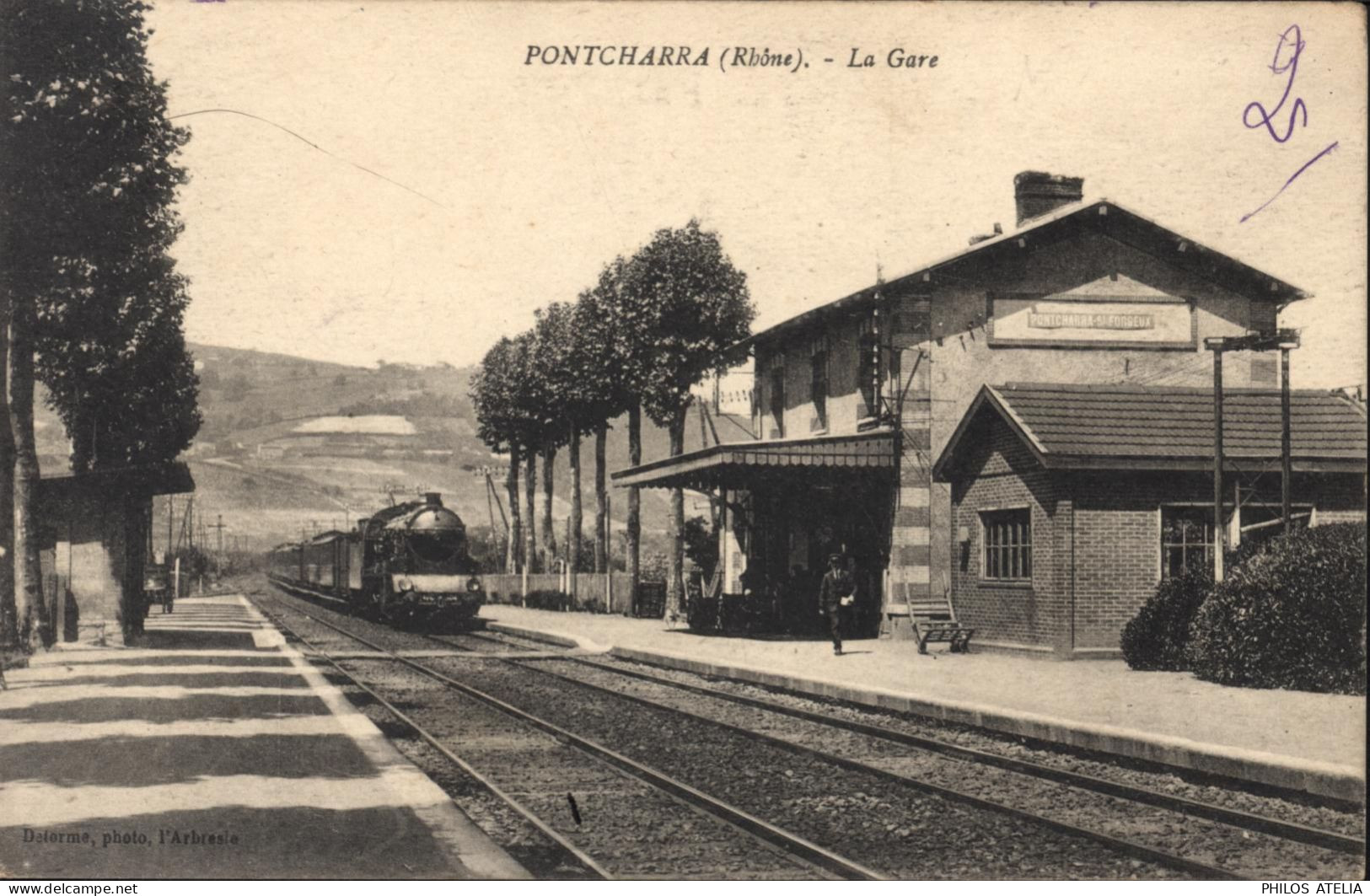 CPA CP Carte postale ancienne Pontcharra Rhône 69 La gare Delorme phot l'Abresle Train locomotive
