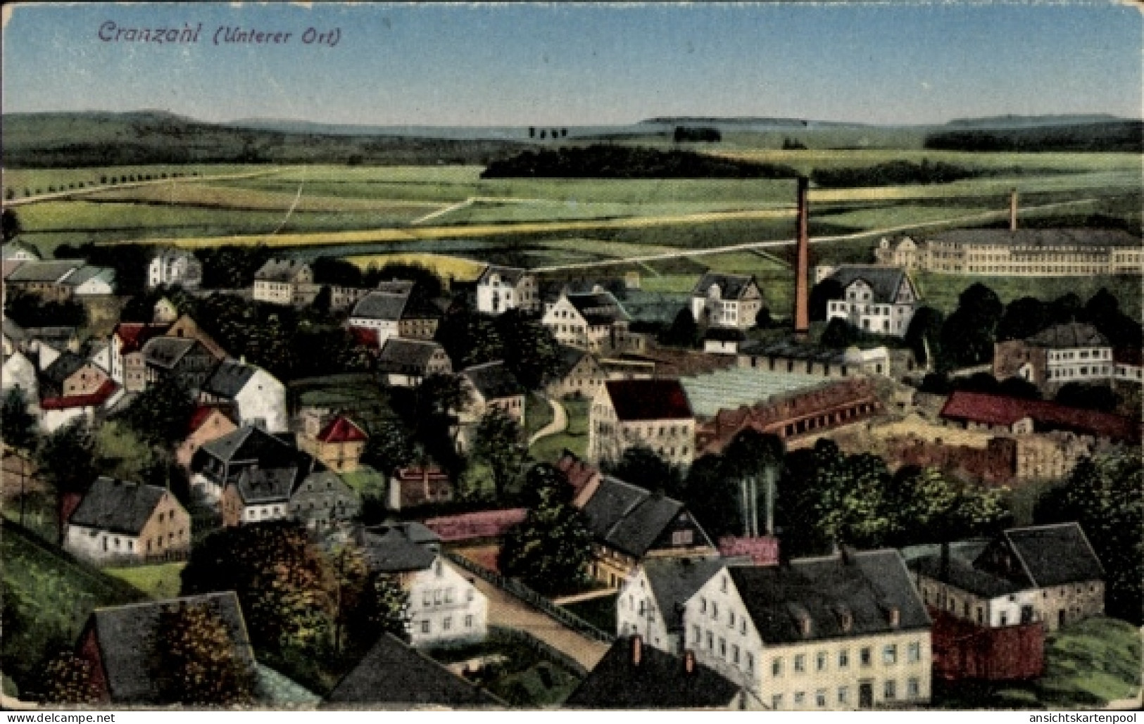 CPA Cranzahl Sehmatal im Erzgebirge, Ortsansicht, Fabrikschornstein