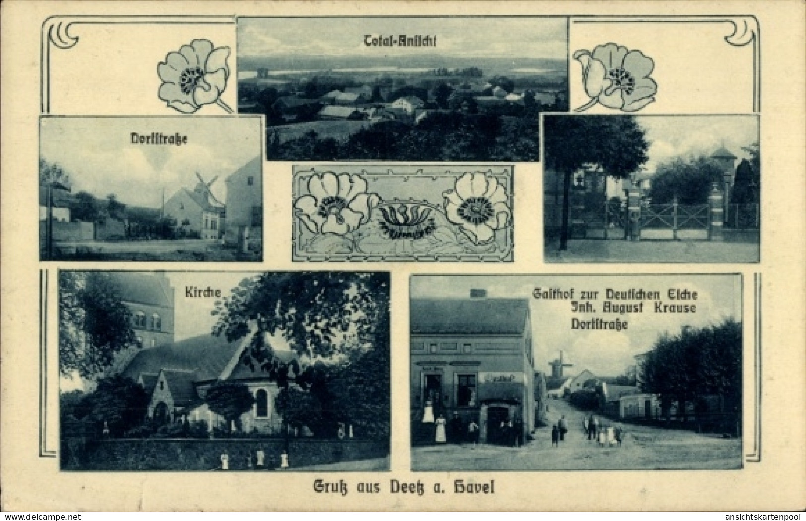 CPA Deetz Groß Kreutz an der Havel, Dorfstraße, Kirche, Gasthof zur Deutschen Eiche