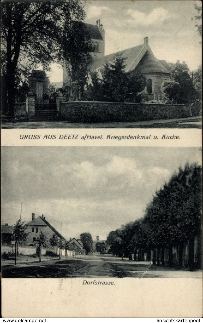 CPA Deetz Groß Kreutz an der Havel, Kriegerdenkmal, Kirche, Dorfstraße