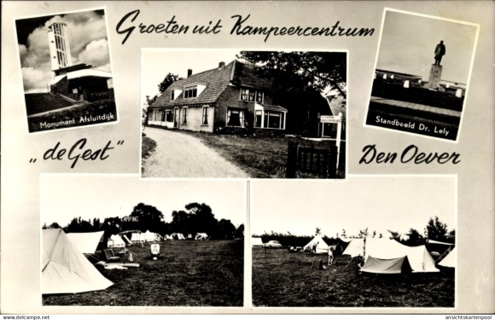 CPA Den Oever Nordholland, Monument Afsluitdijk, Standbeeld Dr Lely, Kampeercentrum de Gest