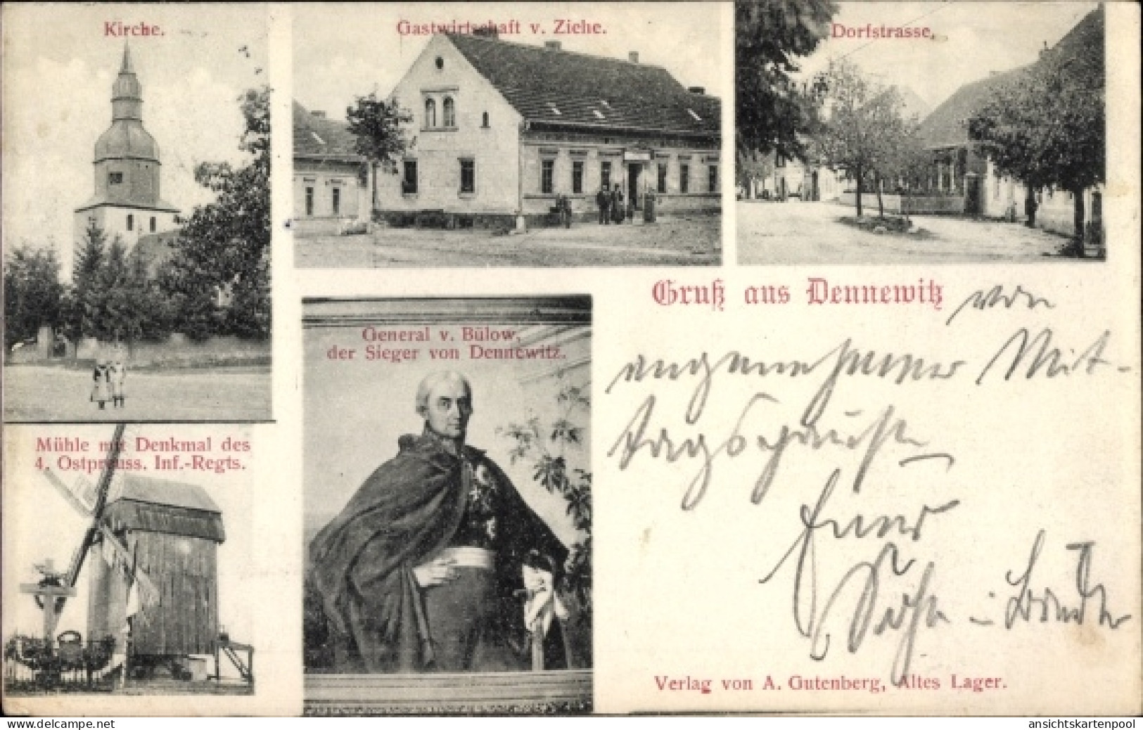 CPA Dennewitz Niedergörsdorf in Brandenburg, Kirche, Gastwirtschaft von Ziehe, Dorfstraße, Mühle