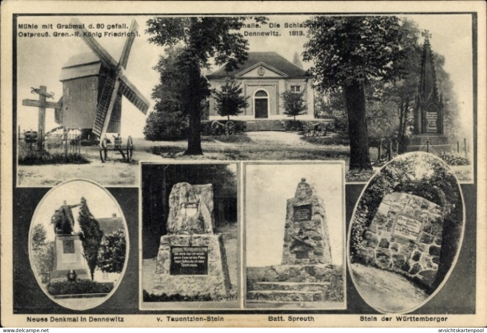CPA Dennewitz Niedergörsdorf, Mühle mit Grabmal, Ruhmeshalle, Denkmal, Tauentzien Stein