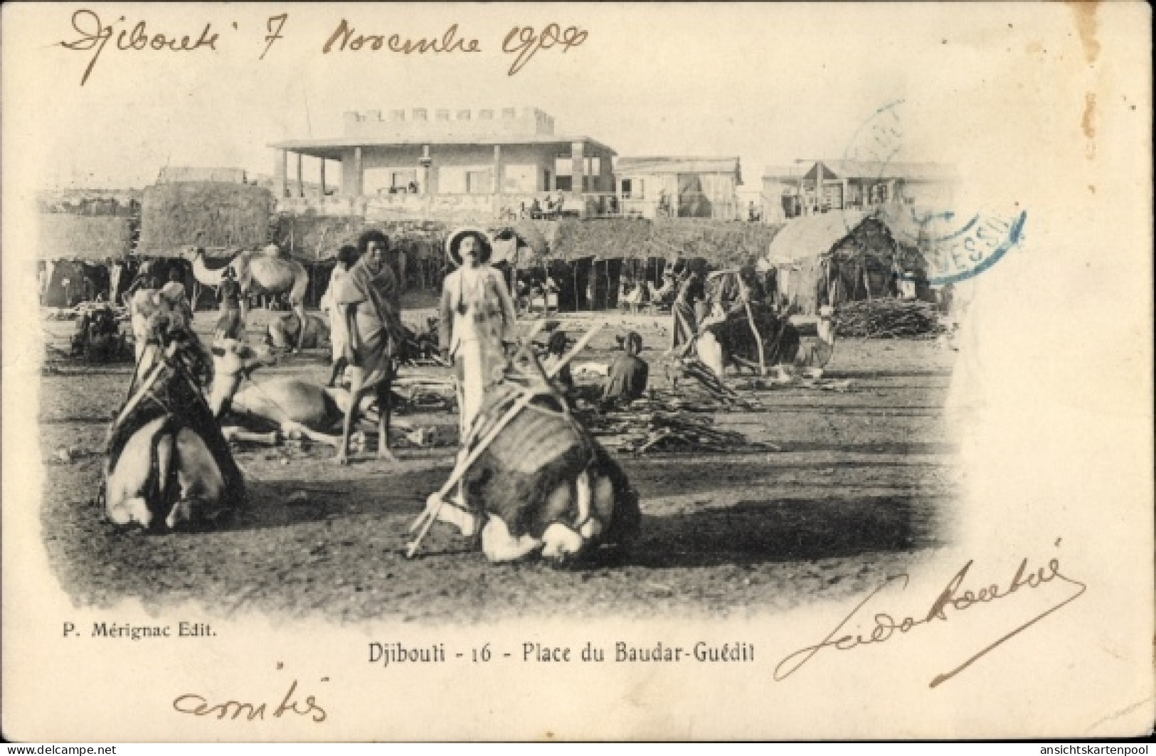 CPA Djibouti Dschibuti, Place du Baudar Guédit, Kamele