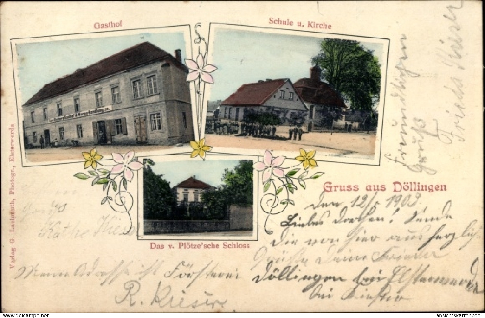 CPA Döllingen Plessa an der Elster, v. Plötze'sches Schloss, Gasthof, Schule, Kirche