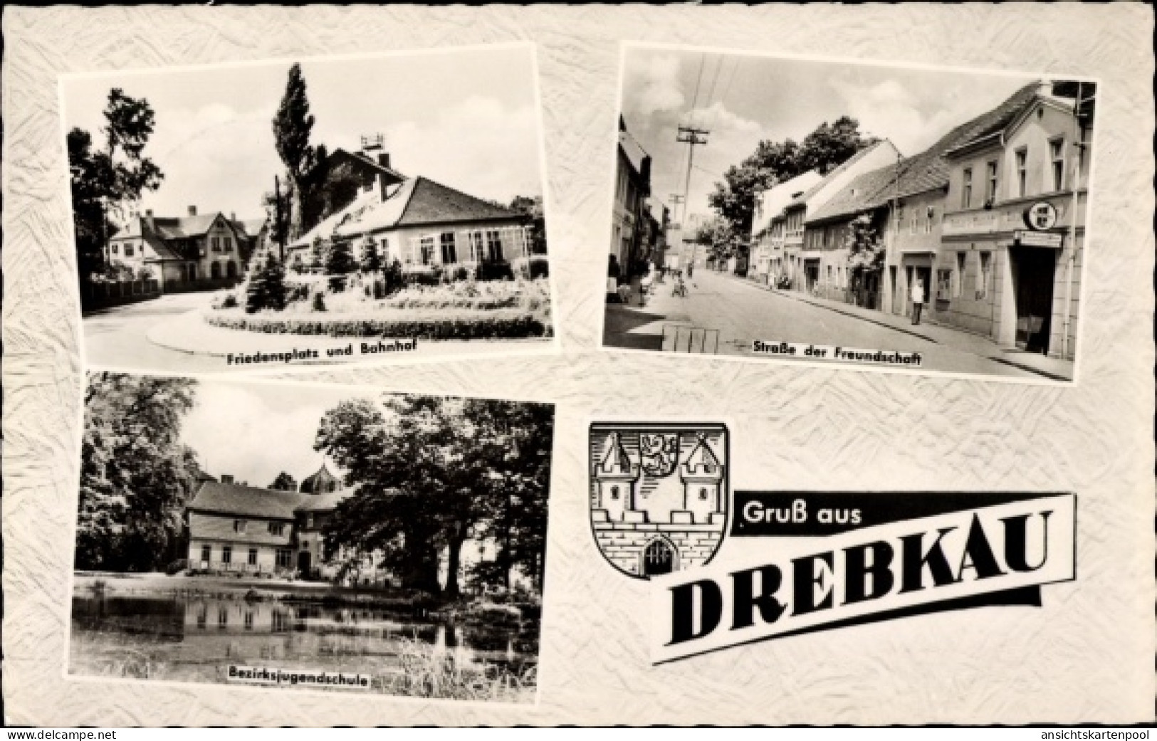 CPA Drebkau Niederlausitz, Straße der Freundschaft, Friedensplatz, Bahnhof, Bezirksjugendschule
