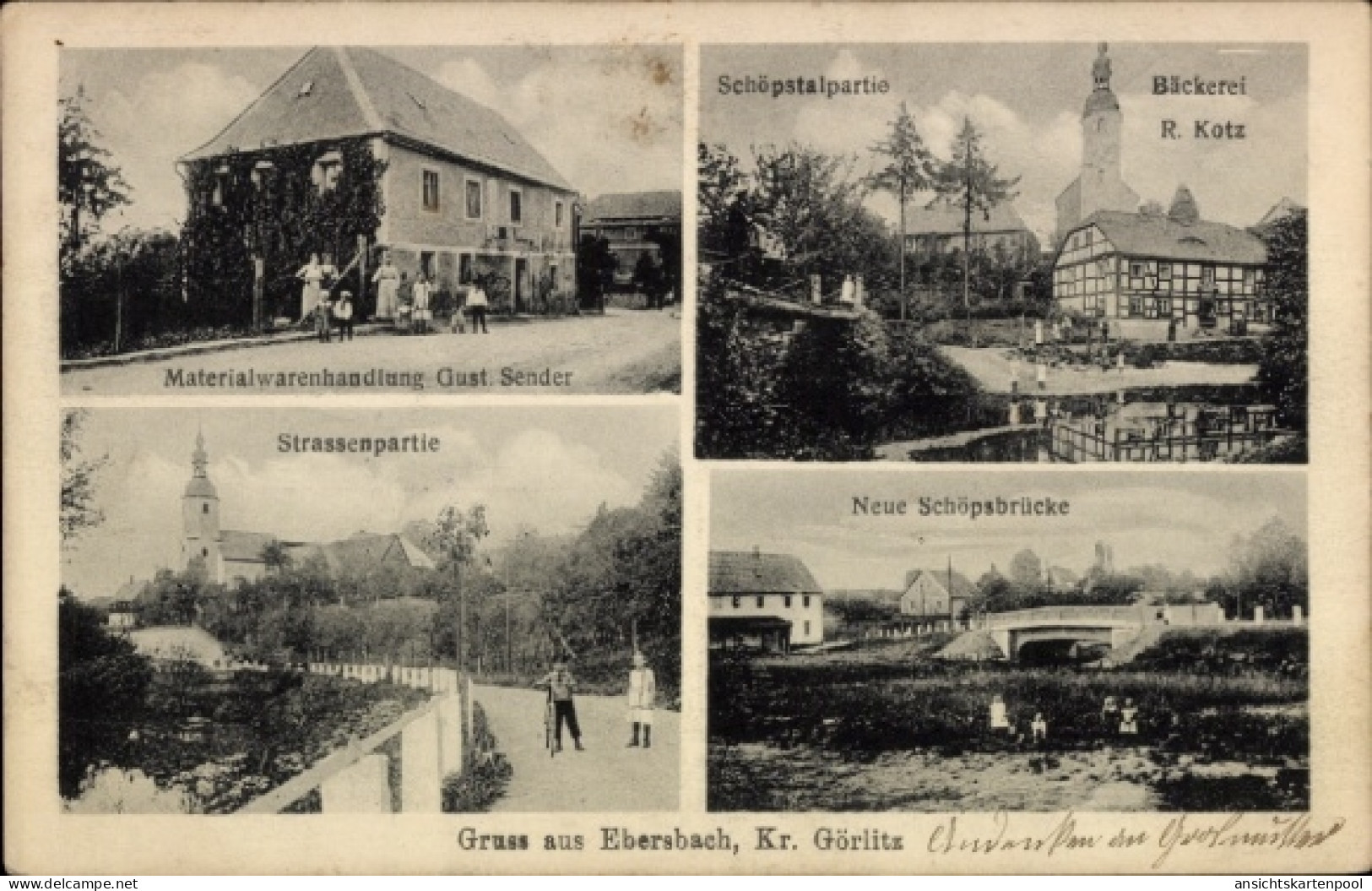 CPA Ebersbach Schöpstal Oberlausitz, Geschäft Gust. Sender, Bäckerei R. Kotz, Kirche, Straße, Brücke