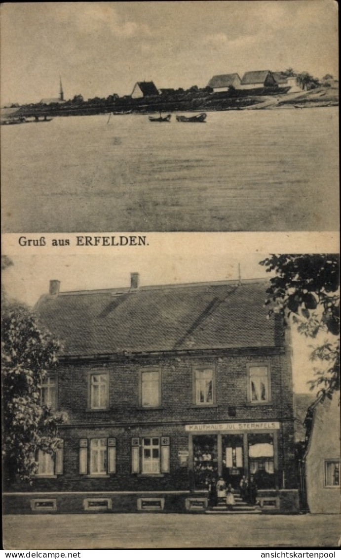 CPA Erfelden Riedstadt Hessen, Kaufhaus Jul. Sternfels, Teilansicht, Rhein