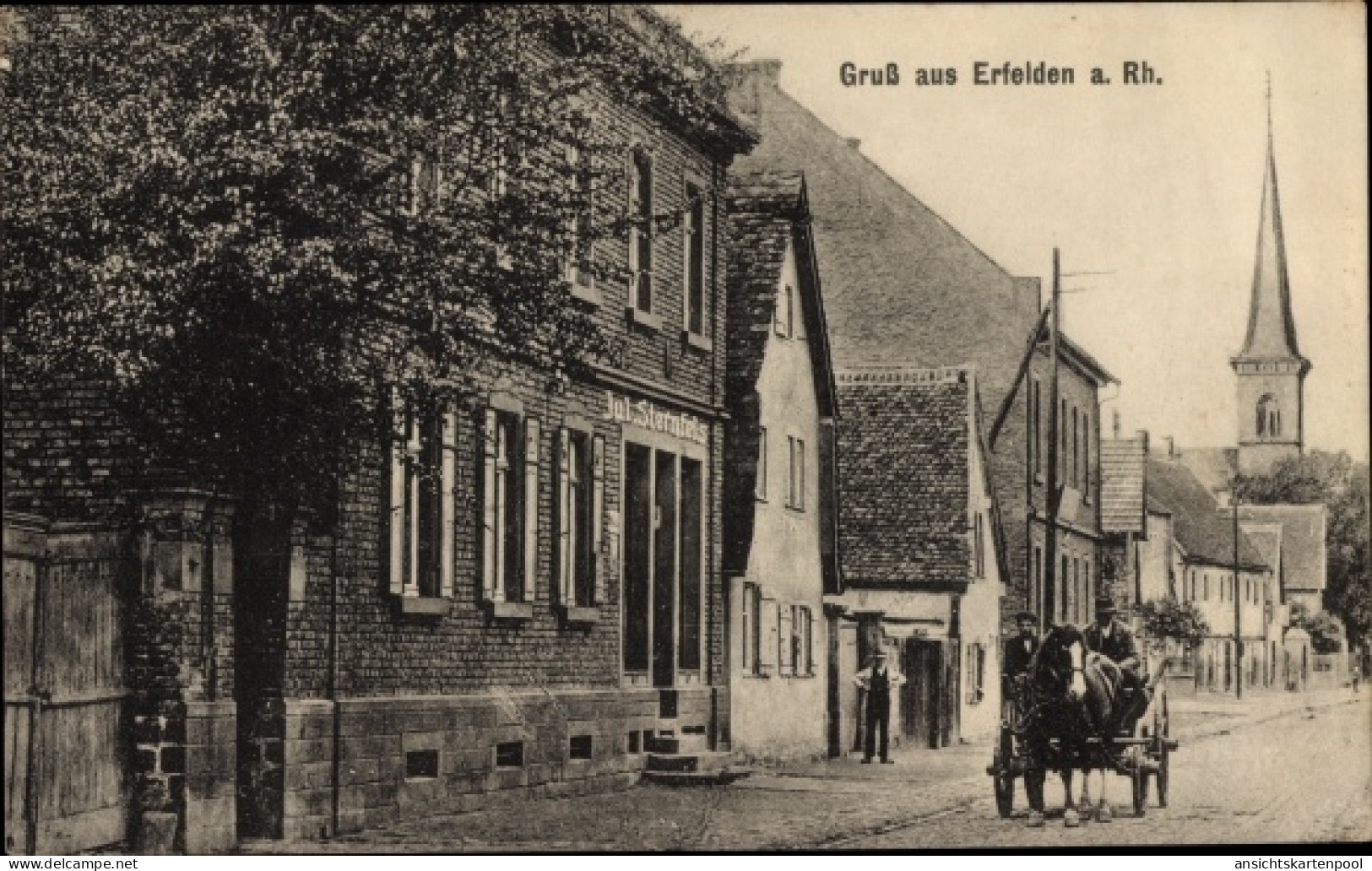 CPA Erfelden Riedstadt in Hessen, Geschäft, Pferdekarren, Straßenpartie