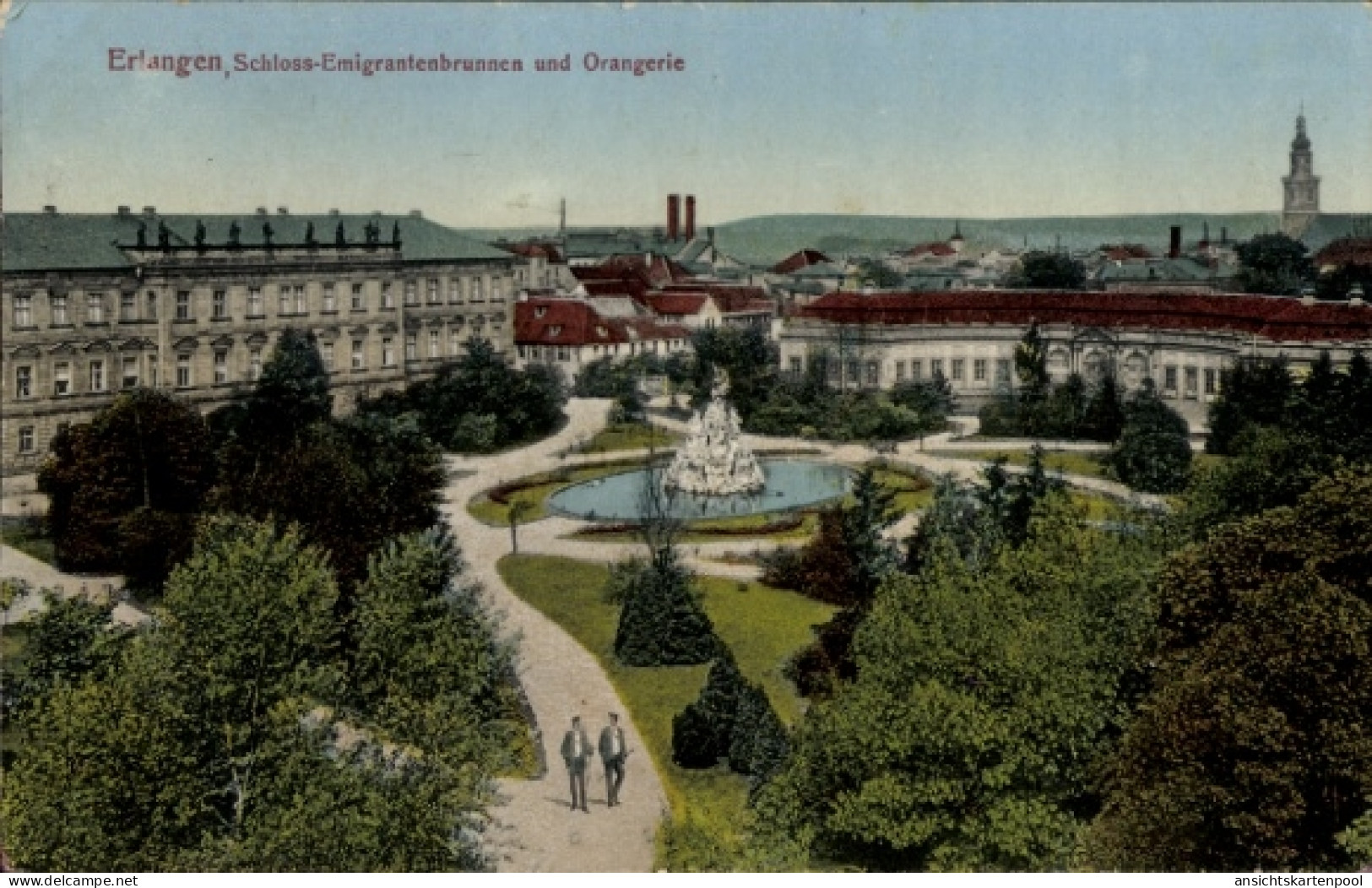 CPA Erlangen in Mittelfranken Bayern, Schloss-Emigrantenbrunnen, Orangerie, Parkanlage, Persone...