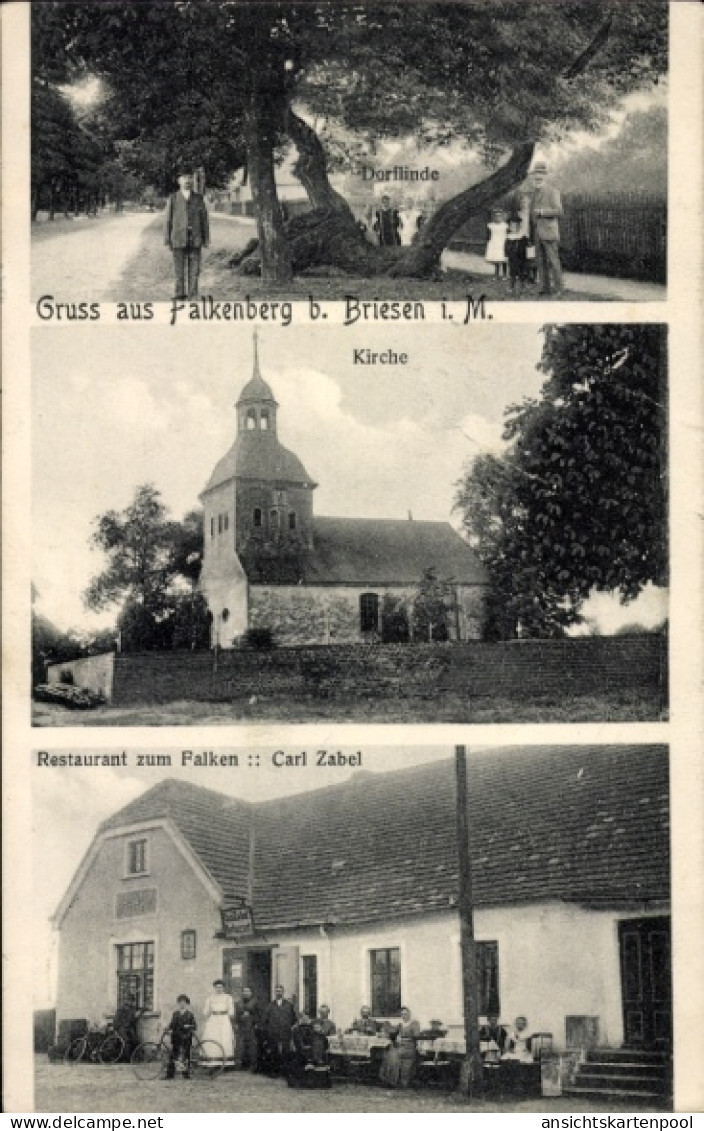 CPA Falkenberg Briesen in der Mark, Kirche, Restaurant zum Falken