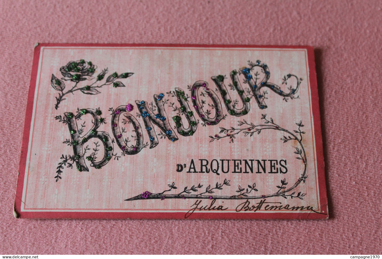 CPA FANTAISIE - ARQUENNES ( SENEFFE NIVELLES ) - BONJOUR D' ... ( CARTE A PAILLETTES ) - 1906