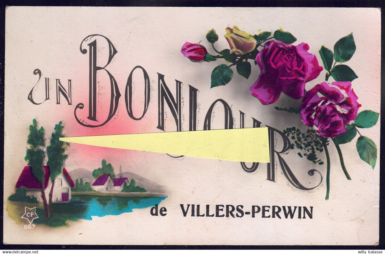+++ CPA - Fantaisie - Un Bonjour de VILLERS PERWIN - Fleur Rose //