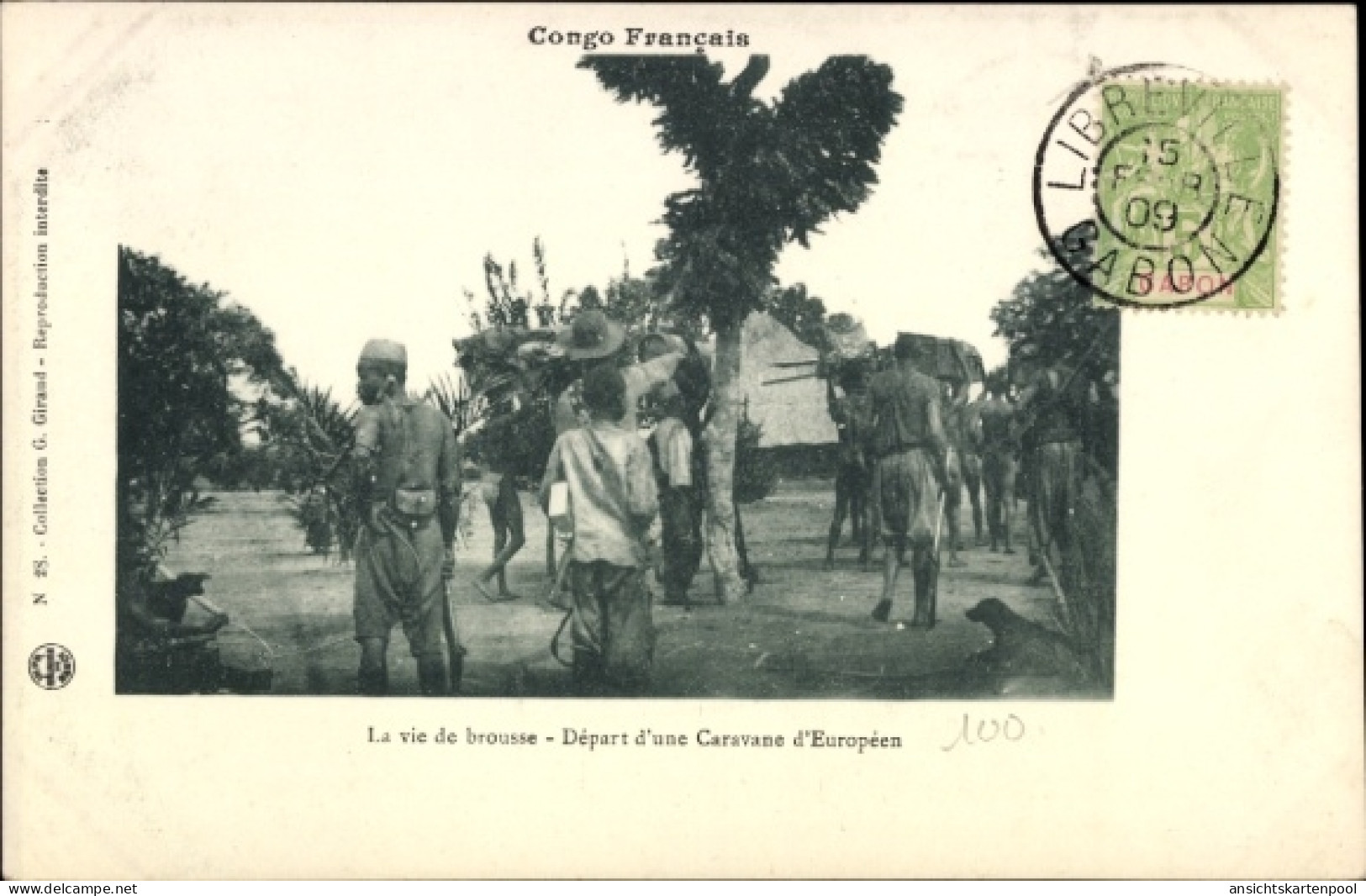 CPA Französisch Kongo, Abfahrt einer europäischen Karawane, Einheimische