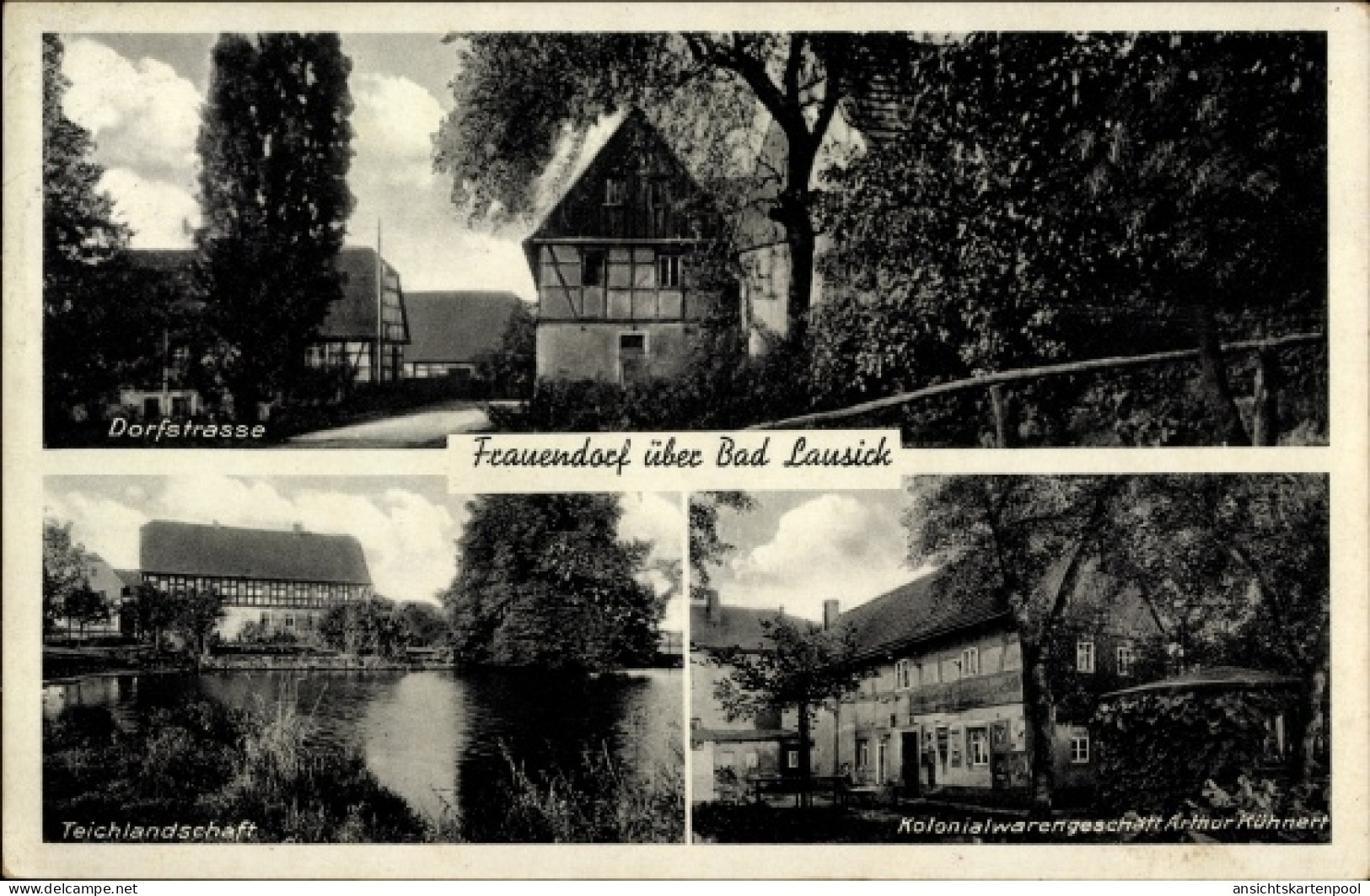 CPA Frauendorf Frohburg in Sachsen, Kolonialwarenhandlung Arthur Kühnert, Teich, Dorfstraße