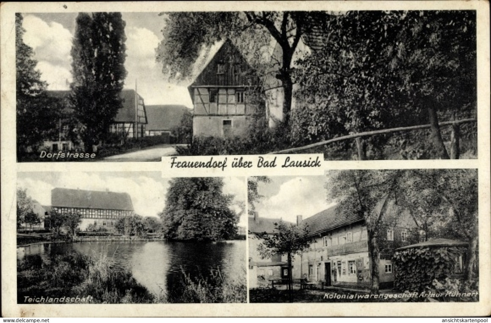 CPA Frauendorf Frohburg in Sachsen, Teich, Kolonialwarenhandlung Kühnert, Dorfstraße