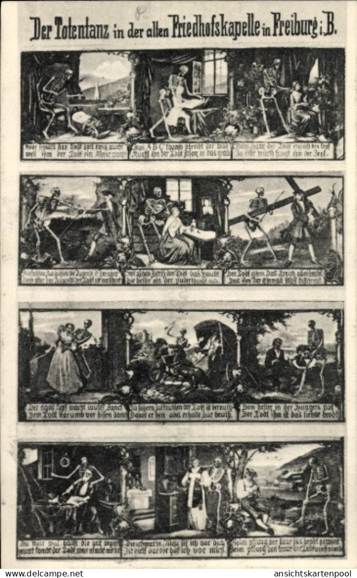CPA Freiburg im Breisgau, Totentanz, Friedhofskapelle, Skelette, Tanz, Tod, Szenen