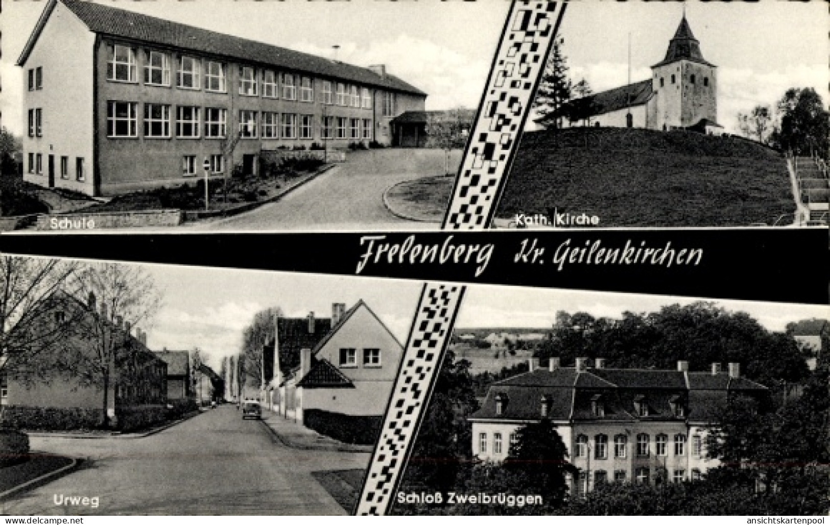 CPA Frelenberg Übach Palenberg Nordrhein Westfalen, Kirche, Schule, Schloss Zweibrüggen