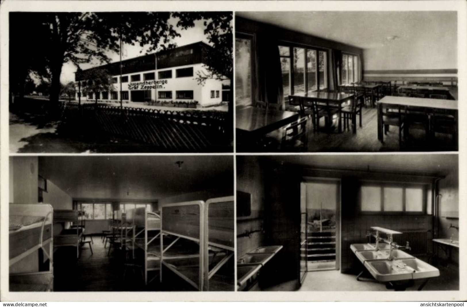 CPA Friedrichshafen am Bodensee, Jugendherberge Zeppelin, Innenräume, Tische, Betten, Küche