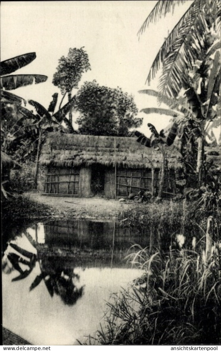 CPA Gabun, Case indigène, Traditionelles Gebäude, Palmen