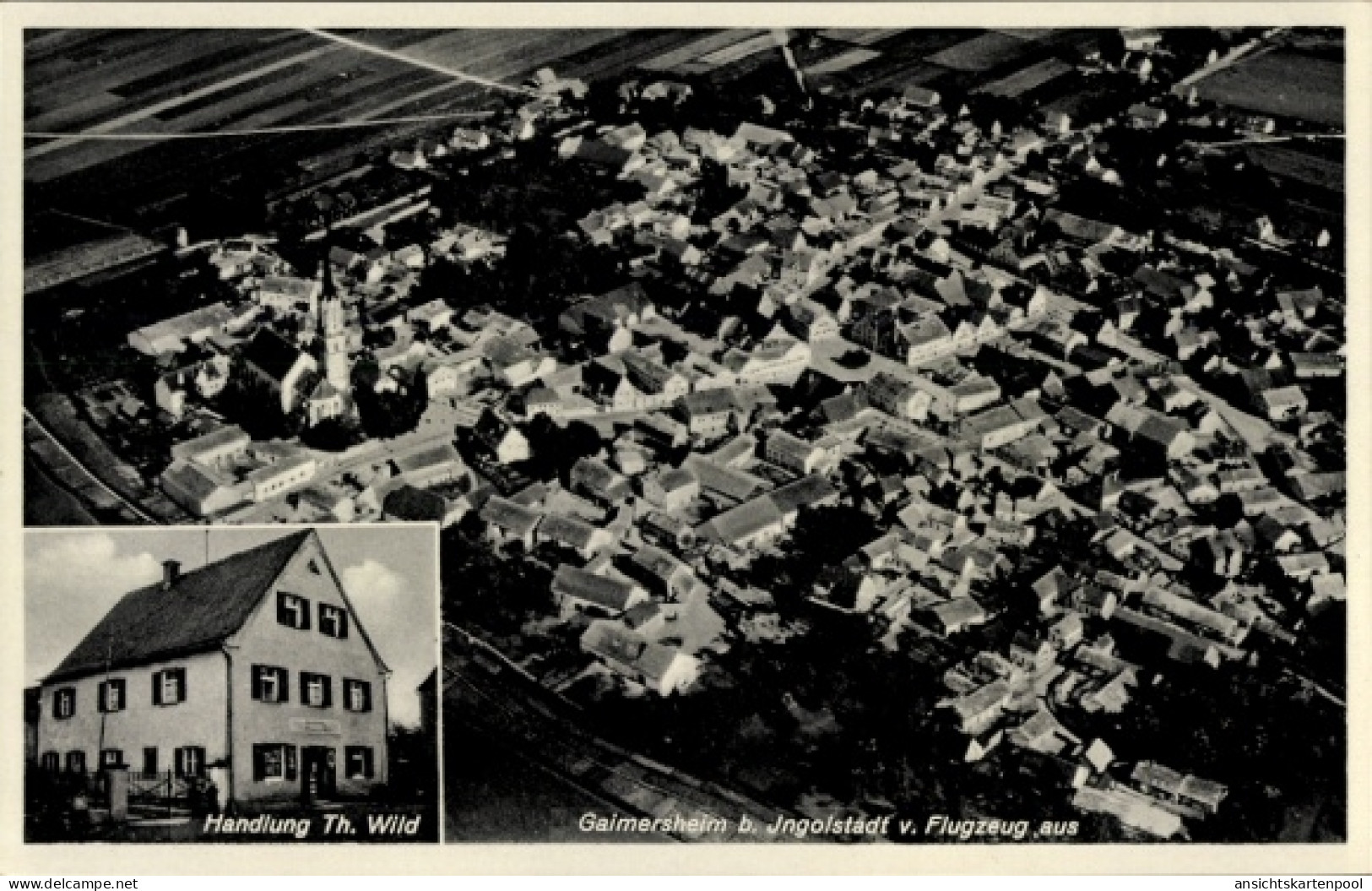 CPA Gaimersheim in Oberbayern, Luftaufnahme von Handlung Th. Wild, Kirche, Wohnhäuser