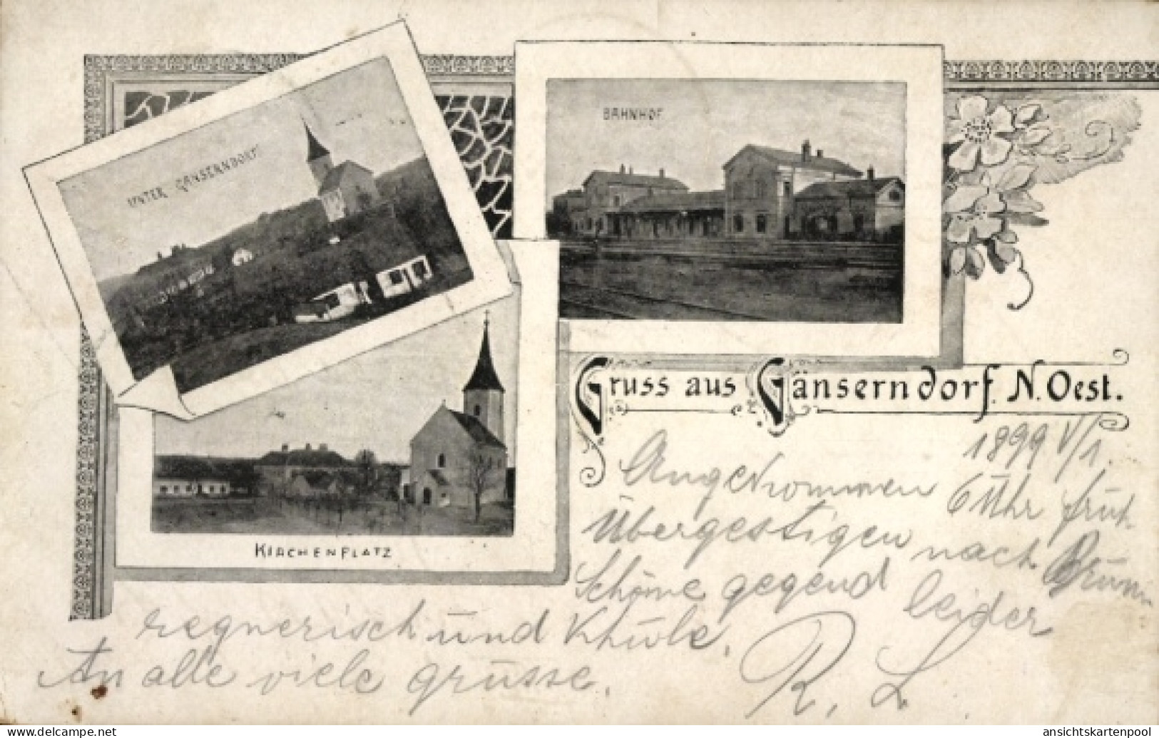 CPA Gänserndorf in Niederösterreich, Unter-Gänserndorf, Bahnhof, Kirchenplatz, Kirche