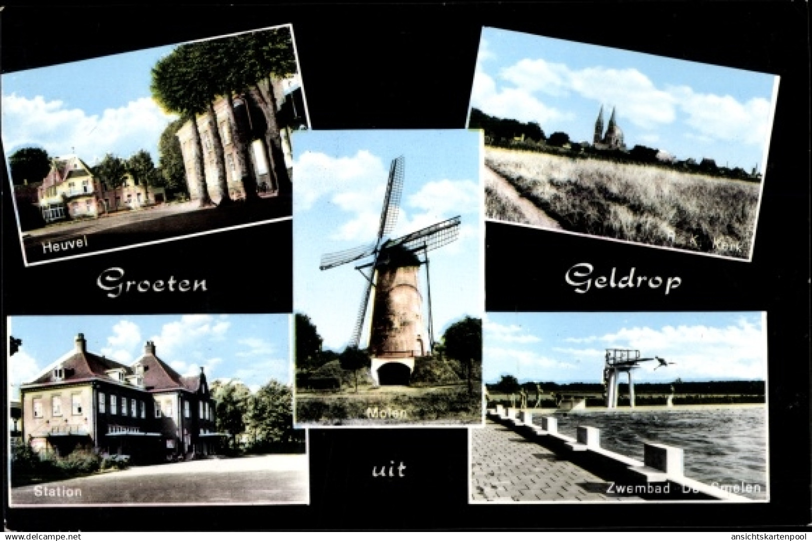 CPA Geldrop Nordbrabant Niederlande, Heuvel, Kerk, Station, Molen, Zwembad