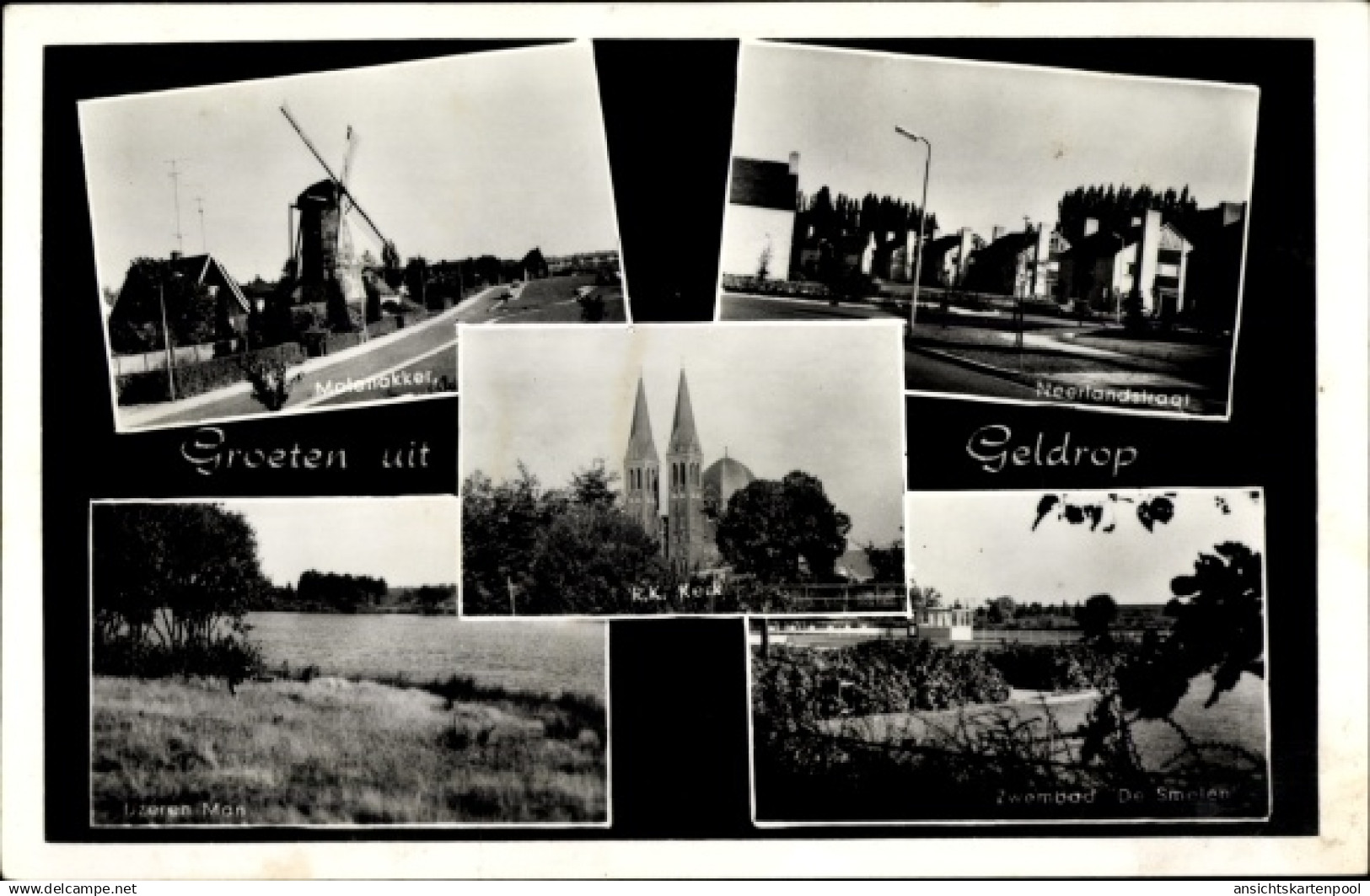 CPA Geldrop Nordbrabant Niederlande, Molenakker, R. K. Kerk, Neerlandstraat, Zwembad