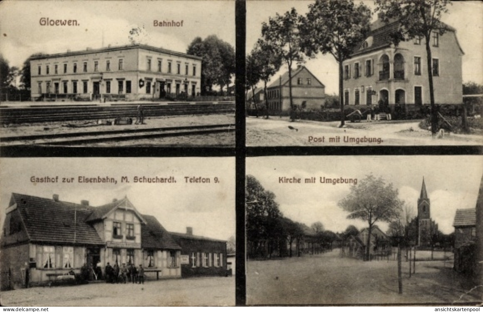 CPA Glöwen Plattenburg in der Prignitz, Bahnhof, Kirche, Post, Gasthof zur Eisenbahn