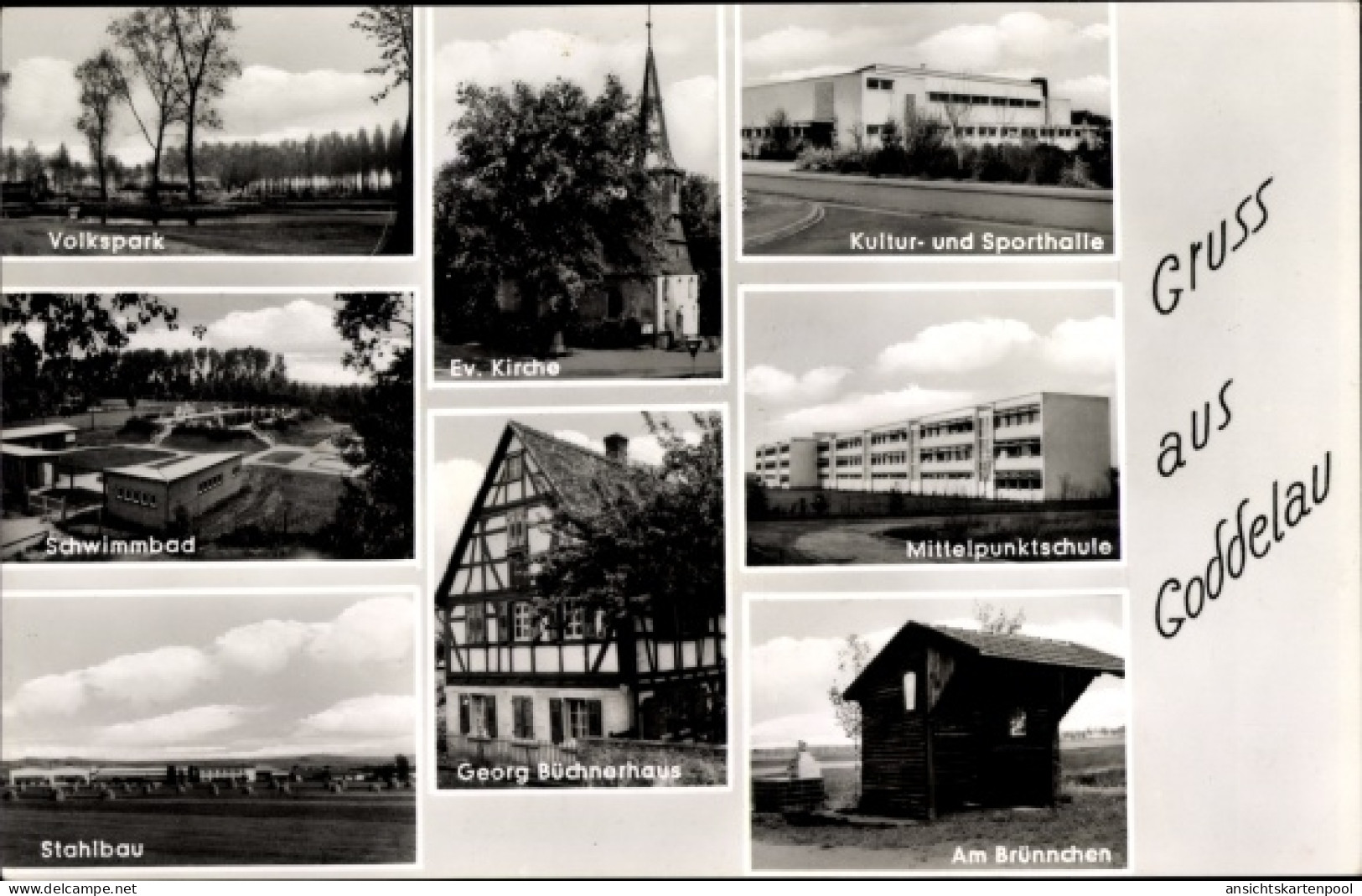 CPA Goddelau Riedstadt in Hessen, Stahlbau, Volkspark, Schwimmbad, Mittelpunktschule
