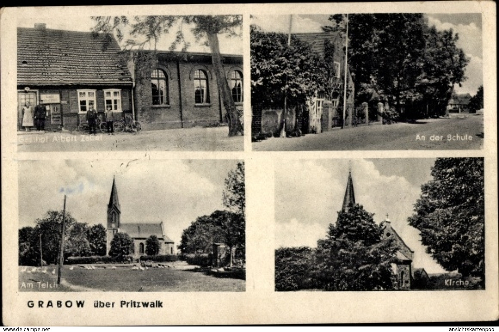 CPA Grabow bei Meyenburg in der Prignitz, Gasthof Albert Zabel, Schule, Teich, Kirche