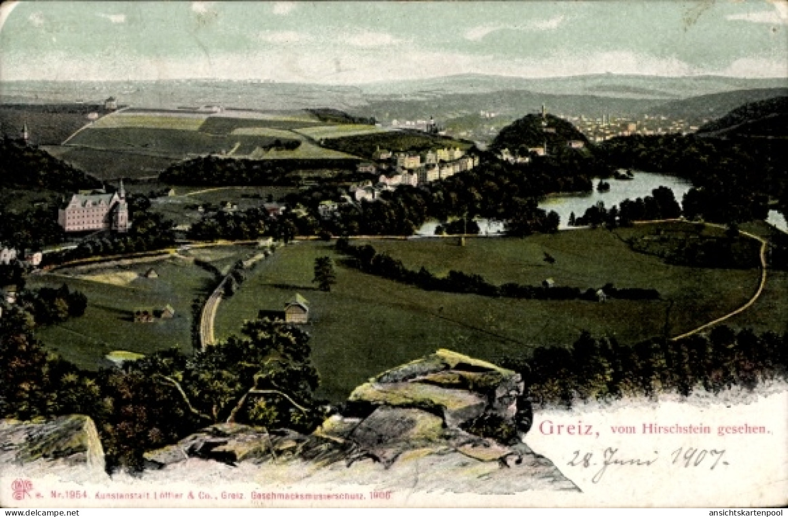 CPA Greiz im Vogtland Thüringen, Panorama von Blick vom Hirschstein, Landschaft mit Fluss und Wäl