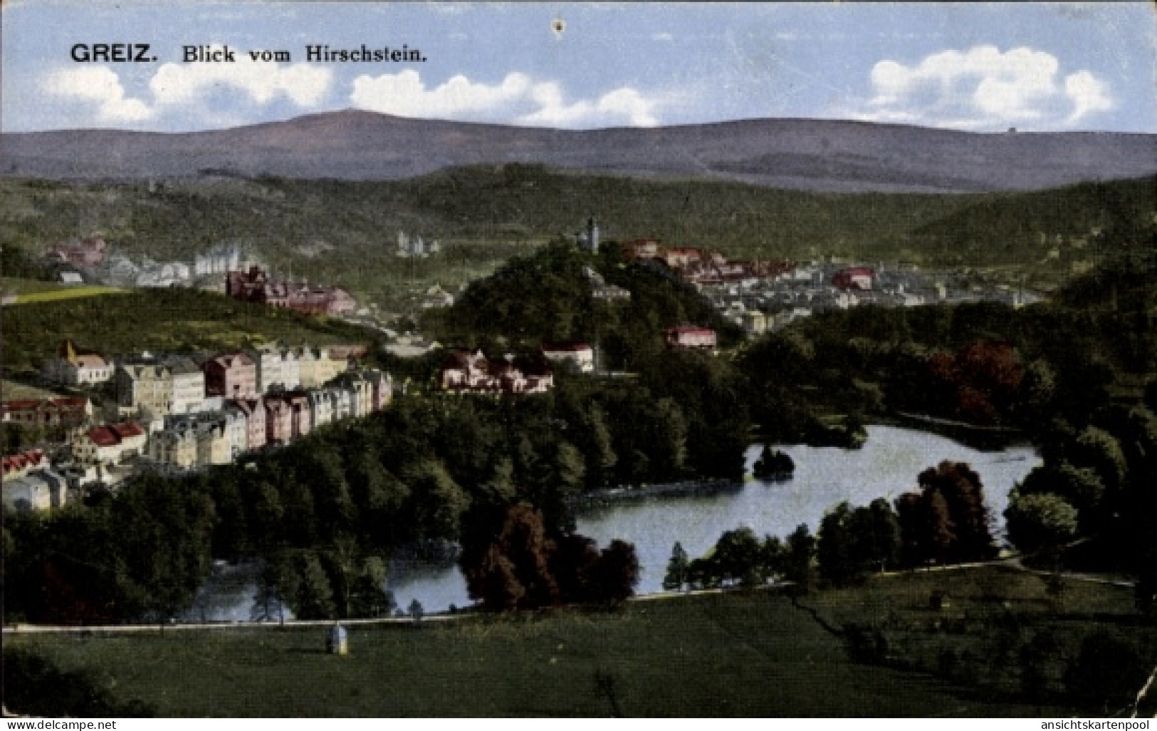 CPA Greiz im Vogtland Thüringen, Panoramaansicht von Blick vom Hirschstein, Flusslauf, Gebäude