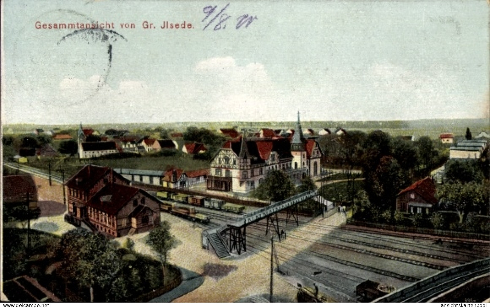 CPA Groß Ilsede in Niedersachsen, Gesamtansicht von Bahnhof mit Bahnsteig, Fußgängerbrücke, Bahng