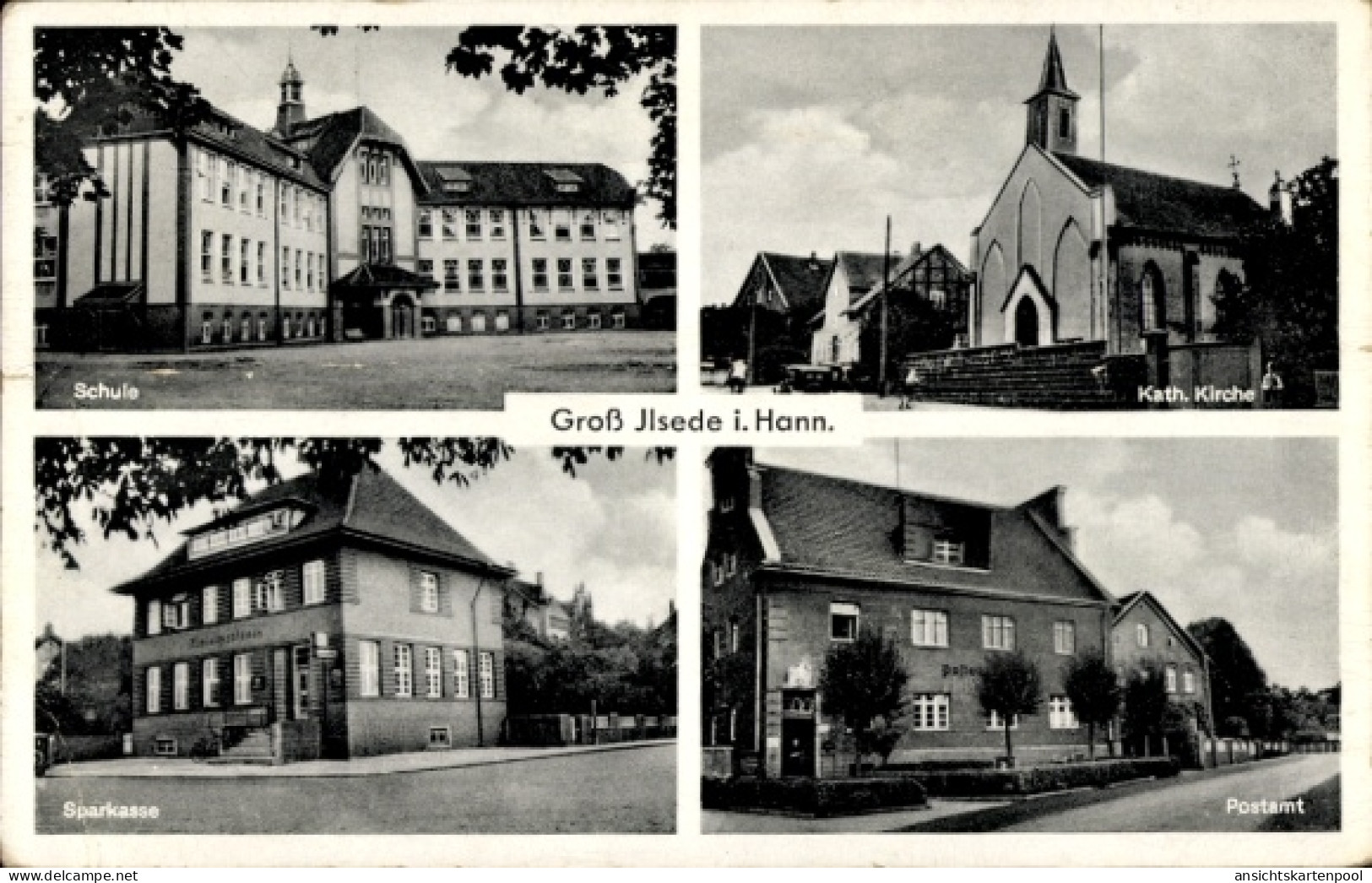 CPA Groß Ilsede in Niedersachsen, Kath. Kirche, Rathaus, Sparkasse, Postamt