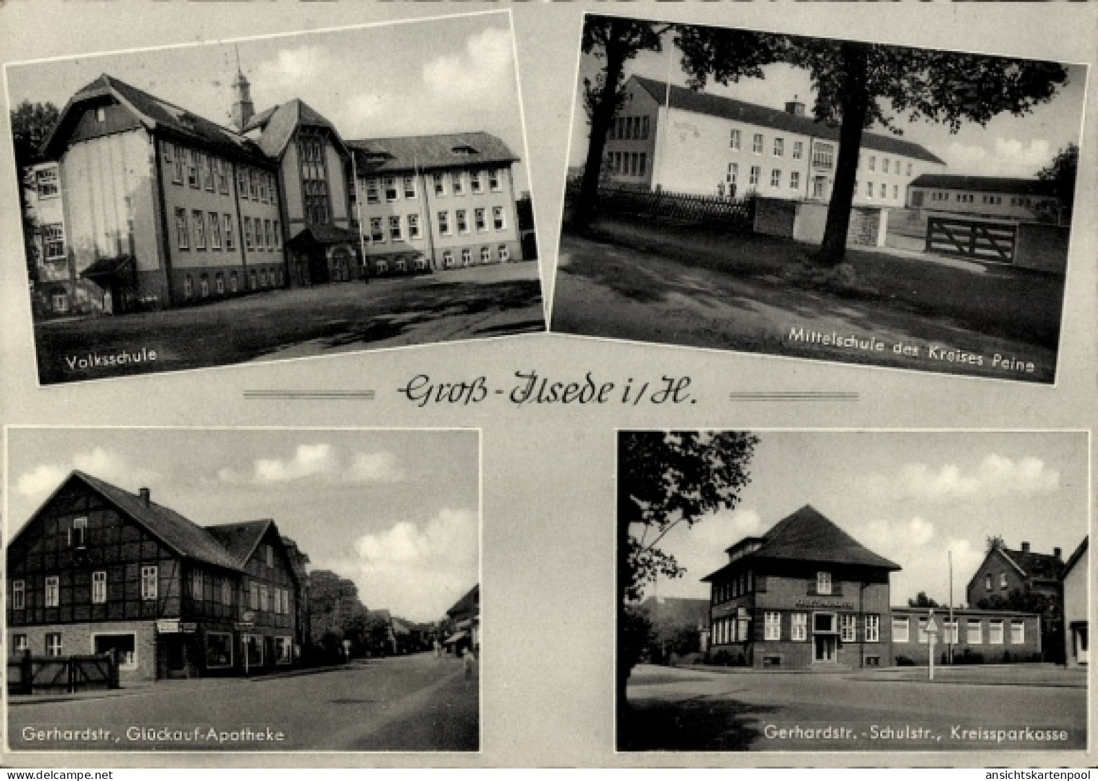 CPA Groß Ilsede in Niedersachsen, Volksschule, Gerhardstraße, Apotheke, Mittelschule