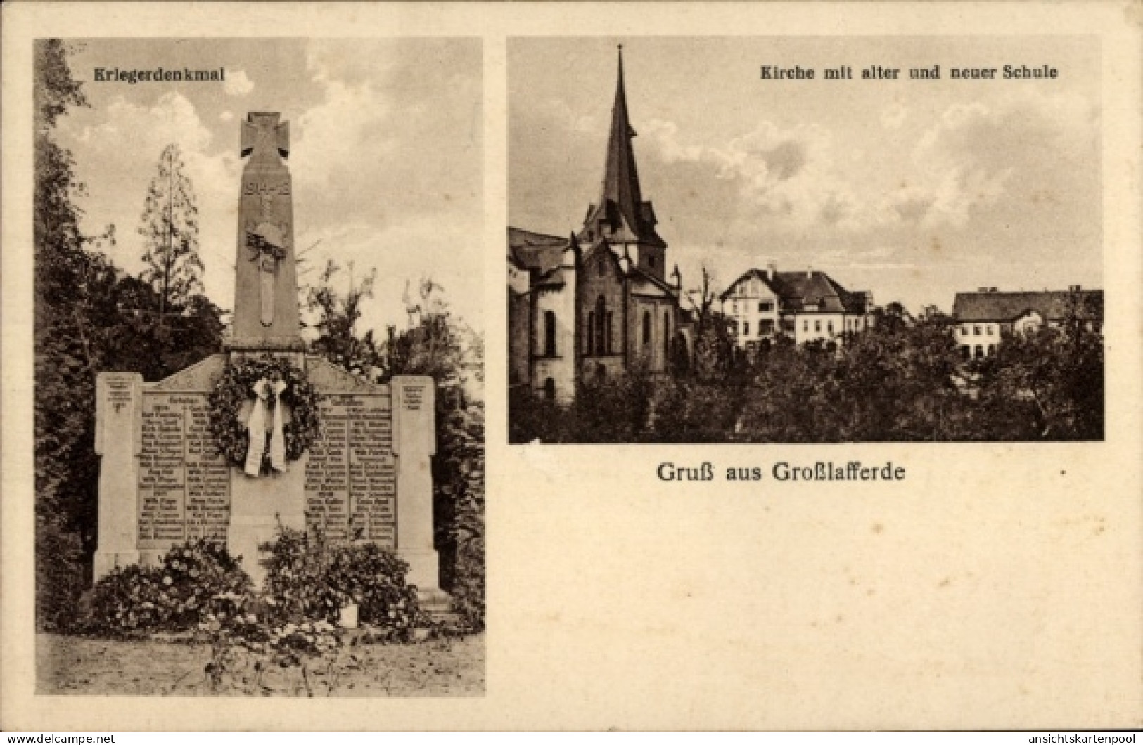 CPA Groß Lafferde Ilsede in Niedersachsen, Kriegerdenkmal, Kirche mit neuer und alter Schule