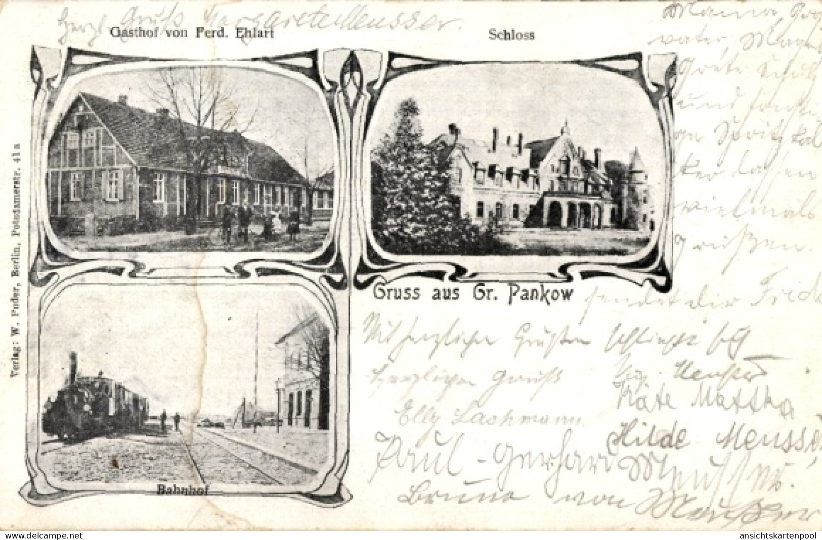 CPA Groß Pankow in der Prignitz, Schloss, Bahnhof, Dampflokomotive, Gasthof Ferd. Ehlart