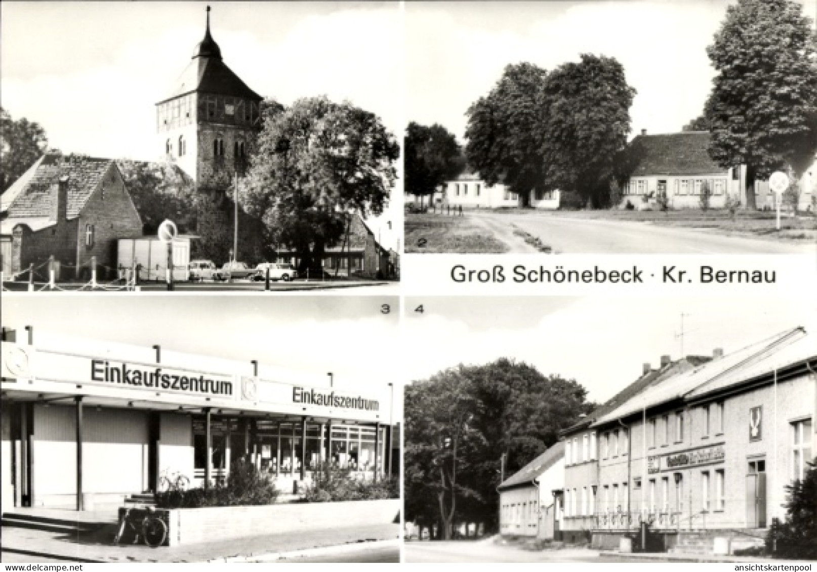 CPA Groß Schönebeck Kreis Bernau, Dorfkirche, Konsum Gaststätte Zur Schorfheide, Einkaufszentrum