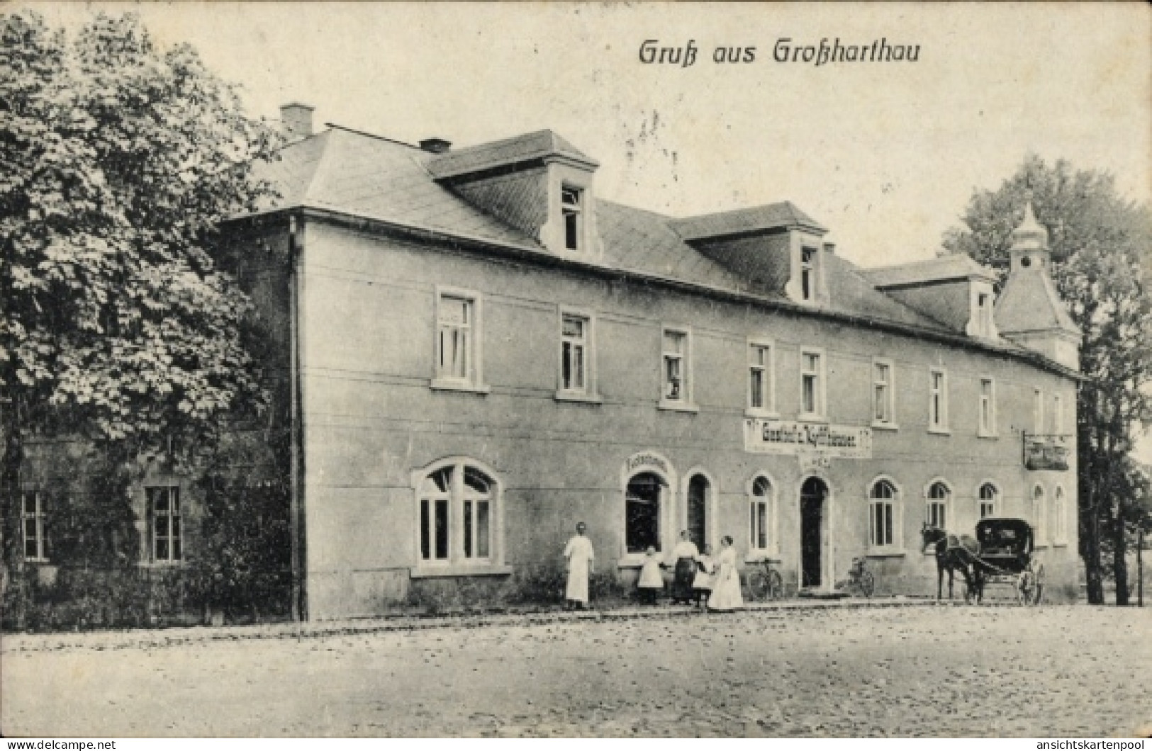CPA Großharthau in Sachsen, Herrschaftlicher Gasthof zum Kyffhäuser, Fleischerei, Kraftbetrieb