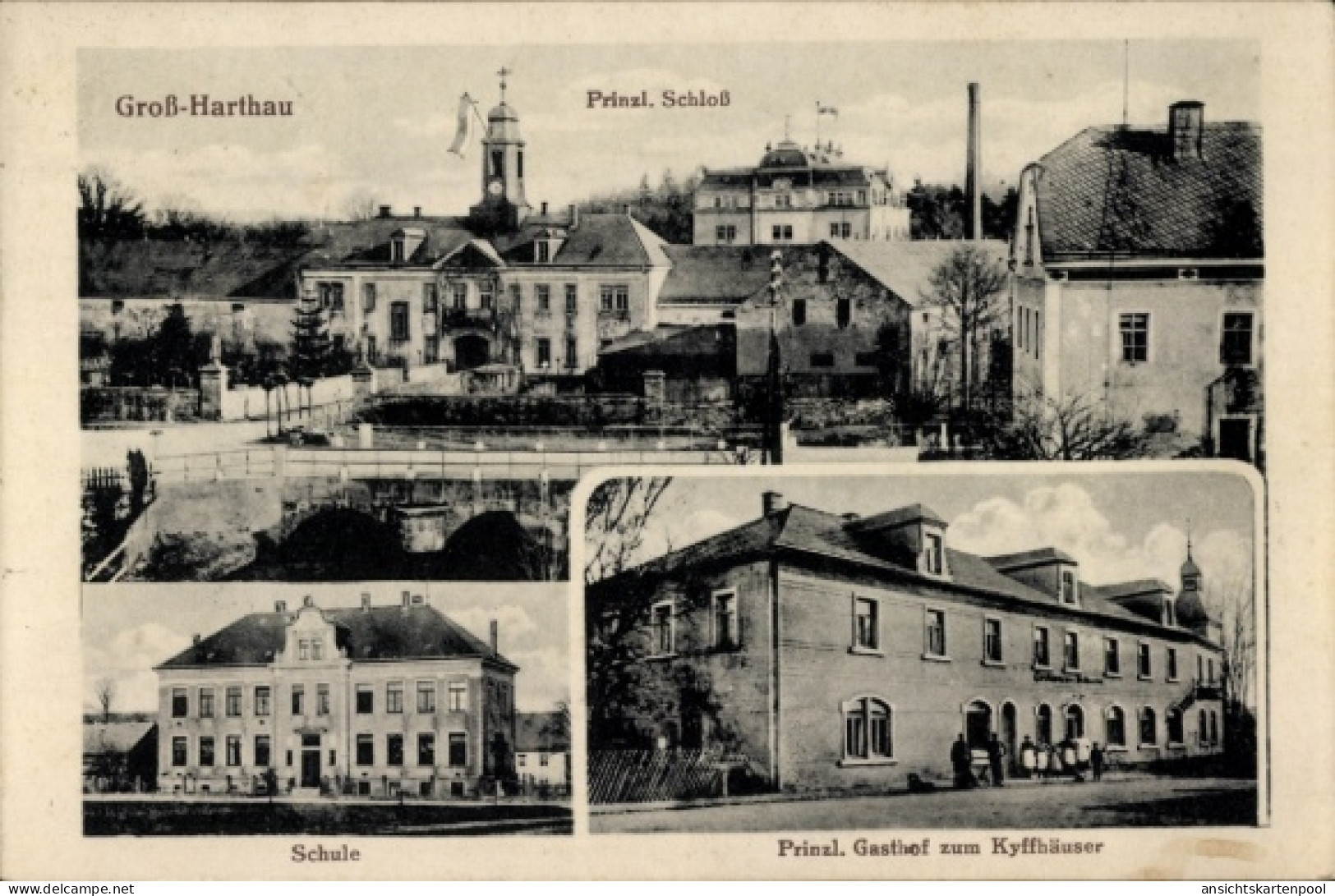 CPA Großharthau in Sachsen, Schule, Schloss, Gasthof zum Kyffhäuser
